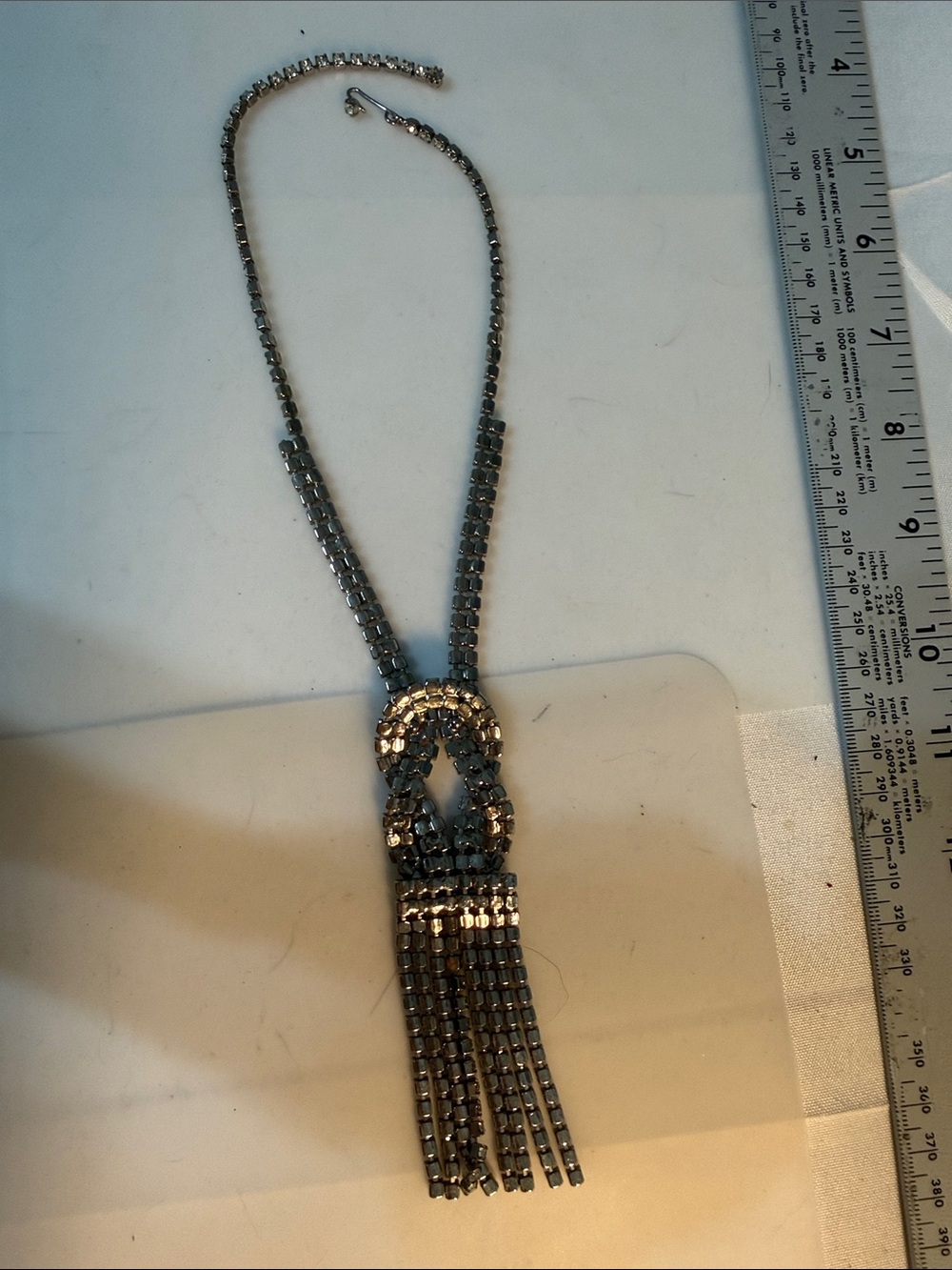Vintage Rhinestone Tassel Statement Necklace - Silver 14” appx - Picture 5 of 6